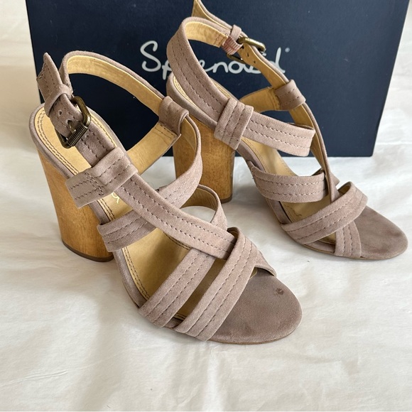 SPLENDID “Flash” Taupe Suede Strappy Wood Heel - Picture 3 of 15
